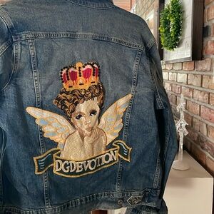 L Denim jacket with the Queen DGDEVOTIONnon back